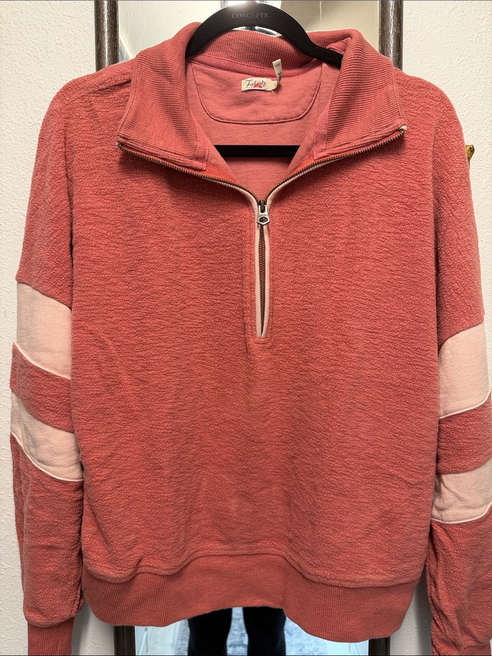 Faherty Coral Half-Zip Sweatshirt with Light Pink Sleeve Stripes